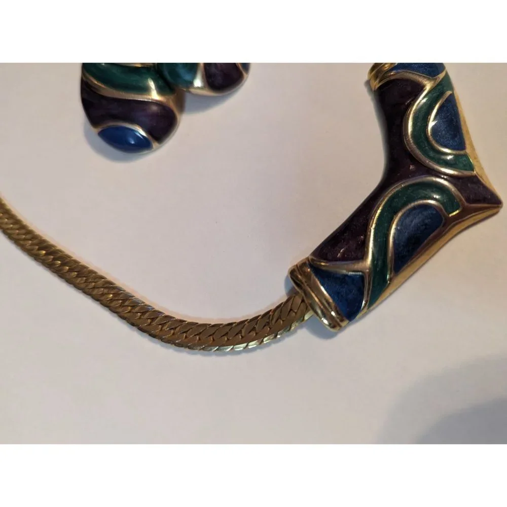Necklace & Earring set Gold Tone‎ blue purple green herringbone style enameled